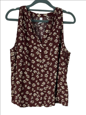 MNG Mango Brown Floral Daisy Sleeveless Blouse Top V Neck Flowy Sz L